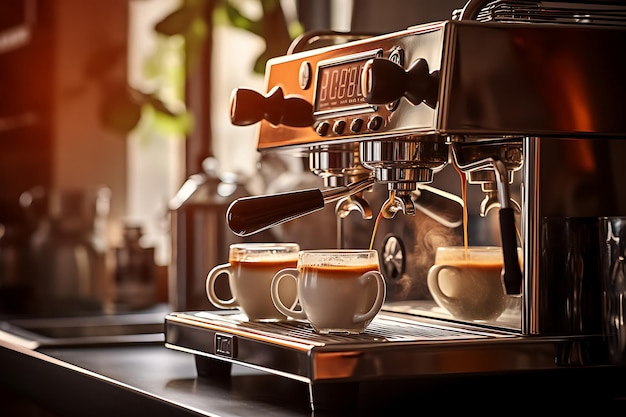 Foto máquina de café con taza de café en la mesa en la cocina