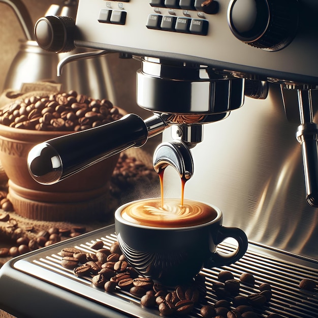 Foto la máquina de café vertiendo café en una taza de espresso primer plano de un café de acero profesional de alta gama