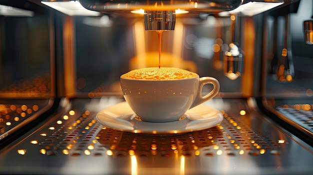 La máquina de café vertiendo leche en una taza de café de cerca