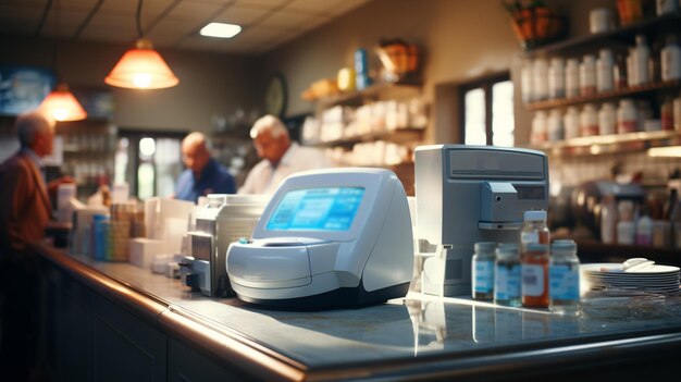 Foto máquina de caja de la farmacia en el mostrador