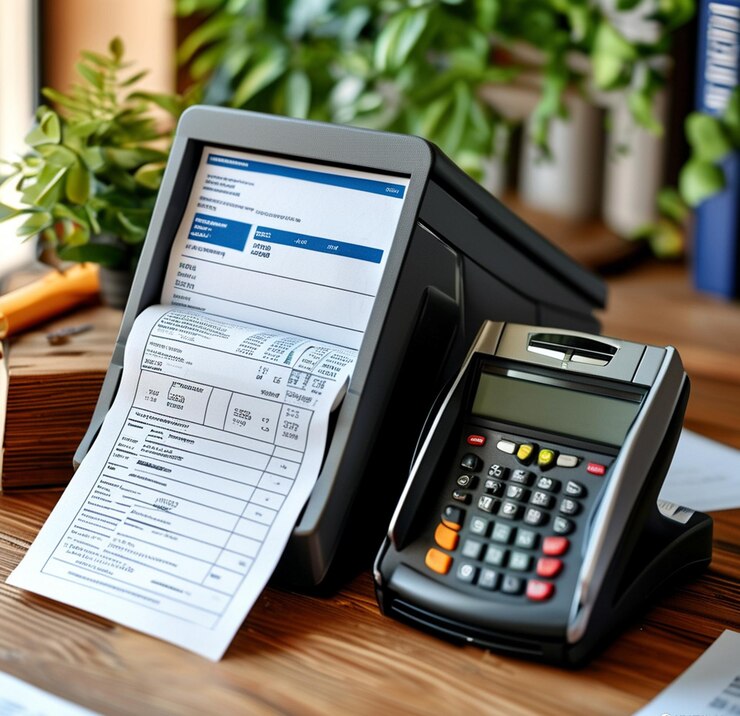 Máquina con calculadora, portátil, tarjeta de crédito, papeleo de teléfono inteligente y bolígrafo en la mesa blanca