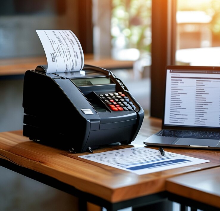 Máquina con calculadora, portátil, tarjeta de crédito, papeleo de teléfono inteligente y bolígrafo en la mesa blanca