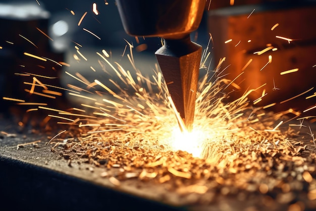 Una máquina con chispas está cortando un trozo de madera.