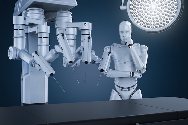 Máquina de cirugía de robot de renderizado 3D con cyborg y cama vacía