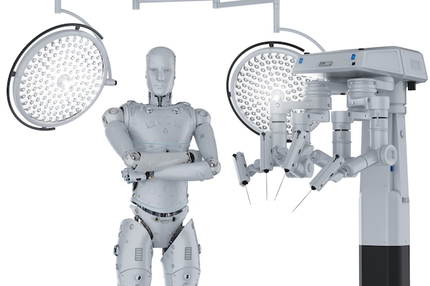 Máquina de cirugía robot de renderizado 3D con luces cyborg y cirugía sobre fondo blanco.