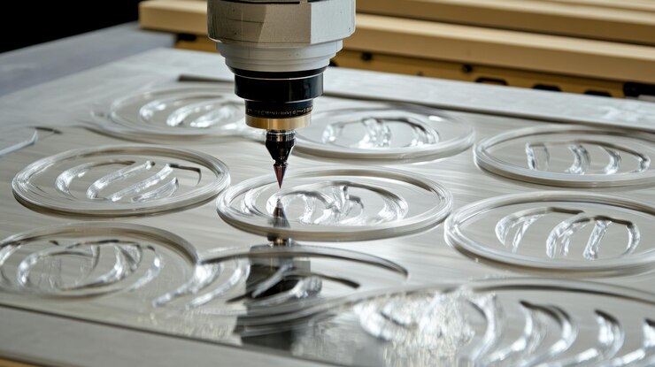 Foto máquina cnc de grabado de discos de acrílico en el taller