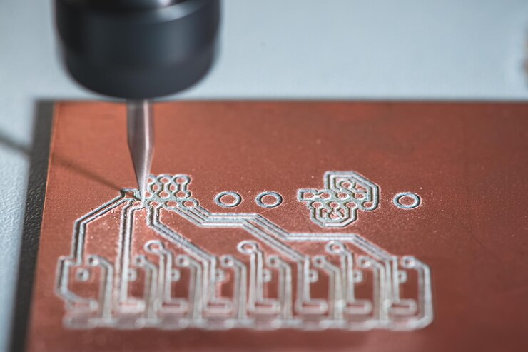 Foto máquina con control numérico cnc realiza el fresado de placas de circuitos impresos