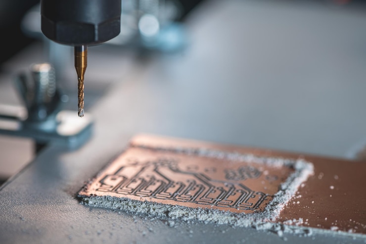 Foto máquina con control numérico cnc realiza el fresado de placas de circuitos impresos
