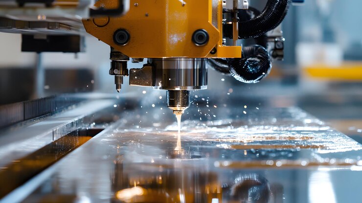 Máquina de corte industrial con chorro de agua en funcionamiento