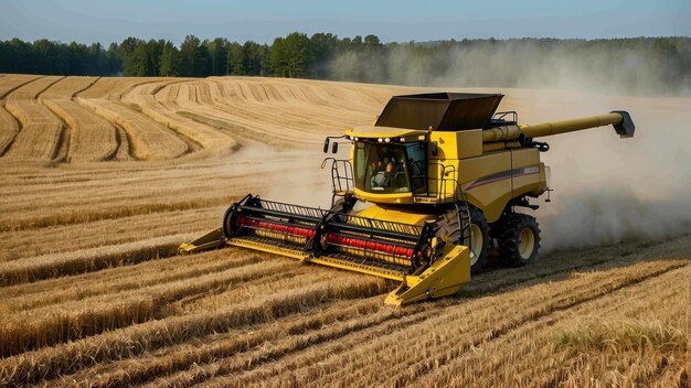 Foto máquina de cosecha trabajando en el campo de trigo dorado