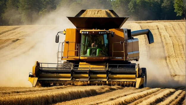 Máquina de cosecha trabajando en el campo de trigo dorado