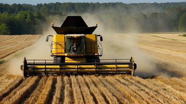 Foto máquina de cosecha trabajando en el campo de trigo dorado