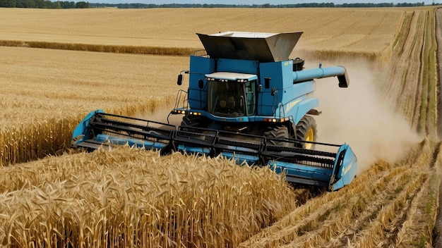 Foto máquina de cosecha trabajando en el campo de trigo dorado