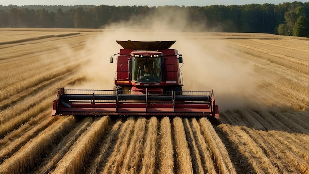 Foto máquina de cosecha trabajando en el campo de trigo dorado