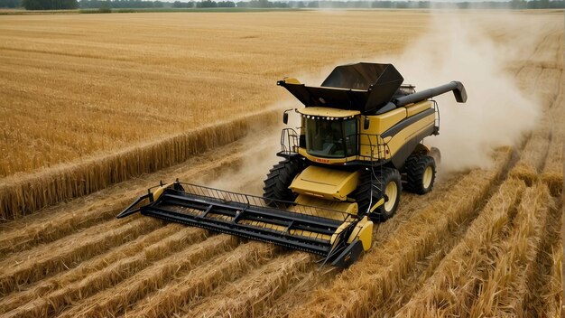 Foto máquina de cosecha trabajando en el campo de trigo dorado