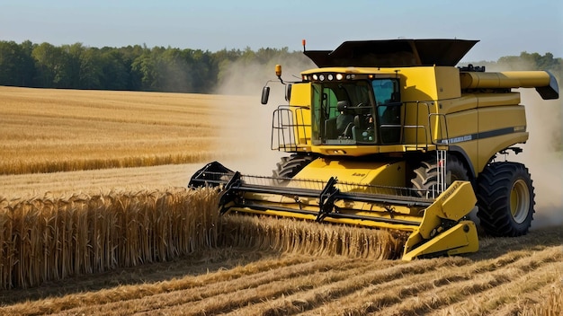 Máquina de cosecha trabajando en el campo de trigo dorado