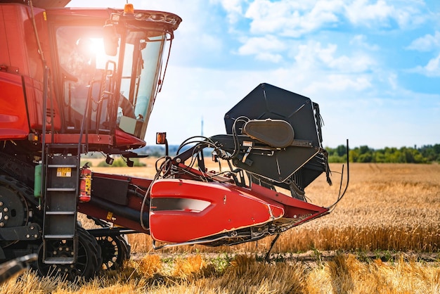 La máquina para cosechar cultivos de cereales cosechadora en acción en el campo de centeno en un día soleado de verano Tema de maquinaria agrícola