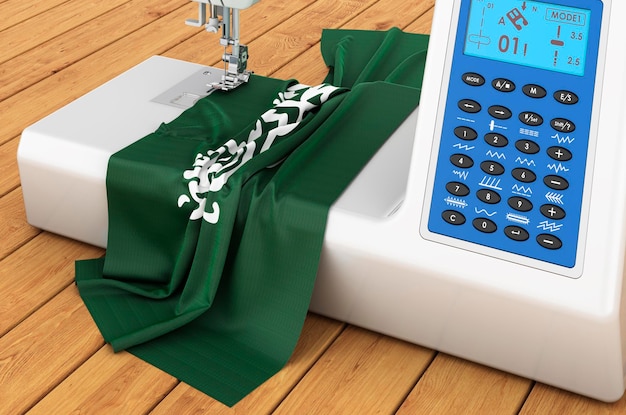 Máquina de coser con bandera de Arabia Saudita en la mesa de madera renderizado 3D