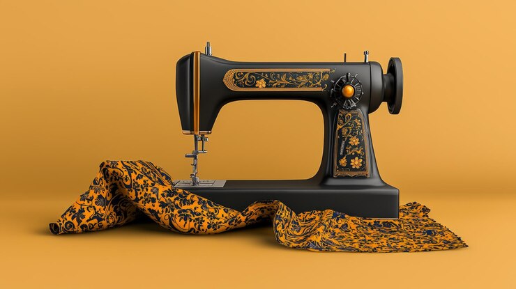 Máquina de coser de época en tela vibrante