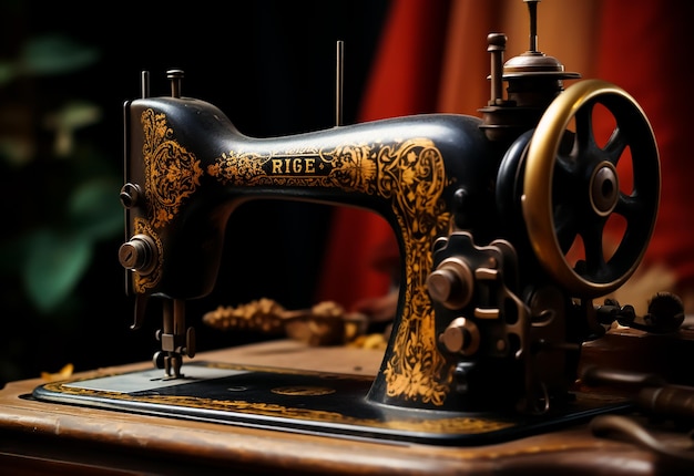 Máquina de coser manual retro negra y dorada antigua con patrón de naturaleza muerta