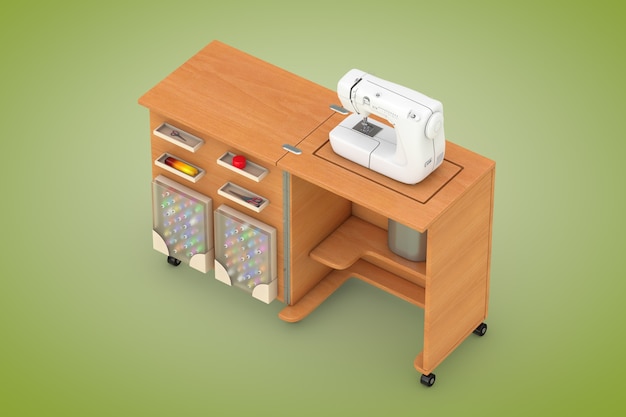 Máquina de coser en la mesa de madera del taller de sastre sobre un fondo  verde. representación 3d
