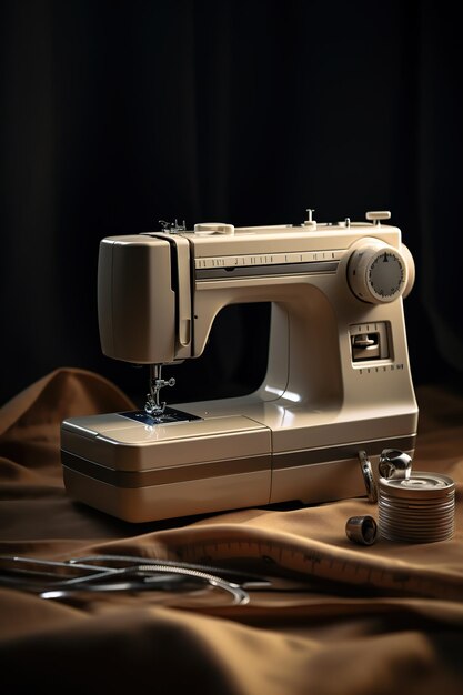 Máquina de coser moderna en fondo de tela de cerca Concepto de costura