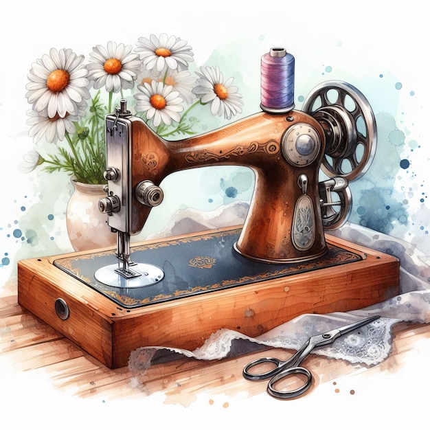Máquina de coser retro en una mesa acogedora con margaritas boceto de acuarela