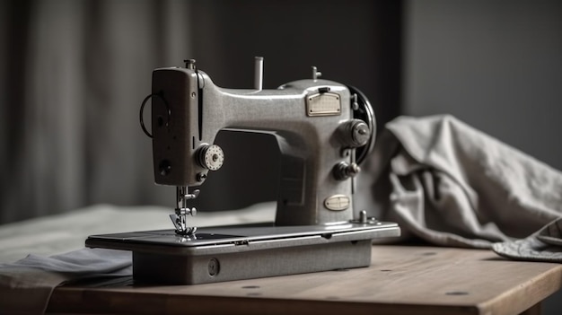 Una máquina de coser sobre una mesa con un paño encima.