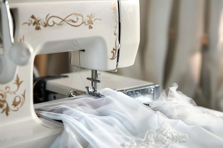 Máquina de coser con tela de vestido de novia bajo aguja