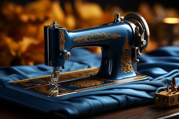 La máquina de coser tradicional crea jeans azules atemporales con tela de calidad