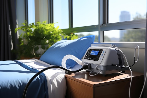 Máquina cpap para la apnea del sueño al lado de una cama
