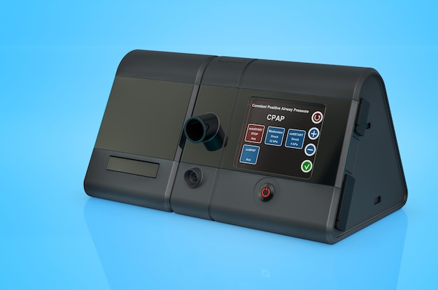 Máquina CPAP sobre fondo azul renderizado 3D