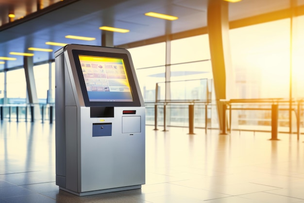 Foto máquina de autoatendimento e quiosque de assistência no terminal do aeroporto para check-in impressão de cartão de embarque ou compra de bilhete conceitos de viagens de negócios e de férias