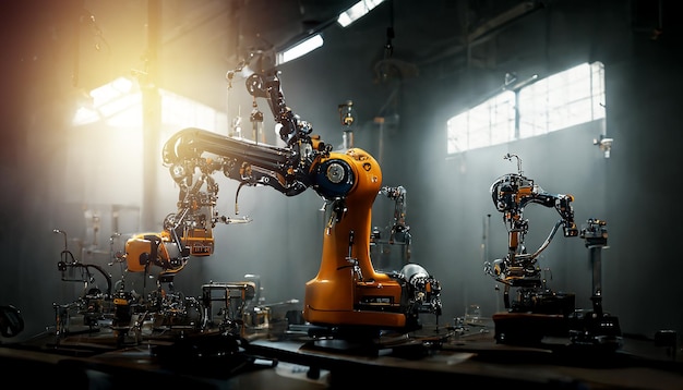 Máquina de braços robóticos de automação pesada na fábrica inteligente industrialIndustry 40 concept