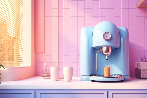 Máquina de café de cores pastel rosa arco-íris na cozinha Ilustração colorida Cores doces Generative AI