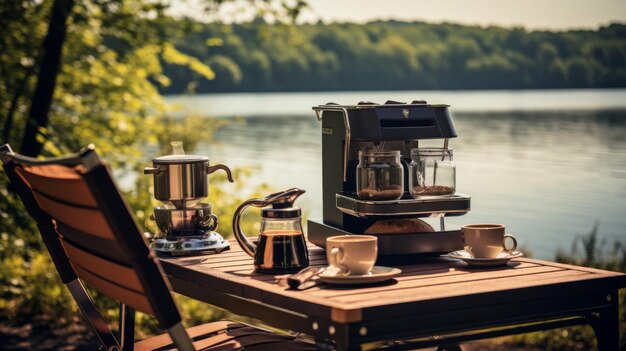 Foto máquina de café e cafeteira na mesa perto do lago