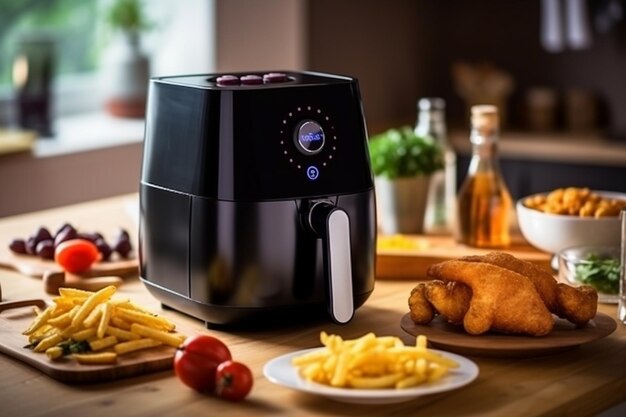 Máquina de café elétrica moderna e batatas fritas na cozinha em casa