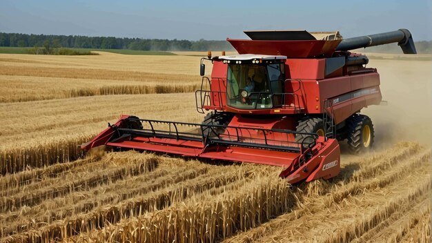 Máquina de colheita a trabalhar num campo de trigo dourado