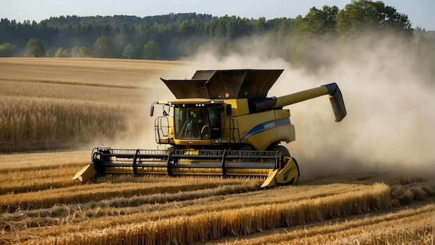 Máquina de colheita a trabalhar num campo de trigo dourado