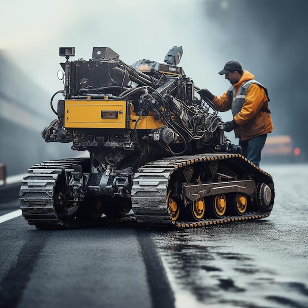 Foto máquina de colocação de asfalto operada com toque humano de precisão