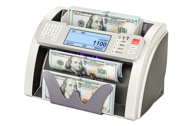 Máquina de contagem de dinheiro com renderização 3D de dólares