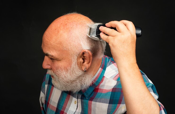 Foto máquina de cortar cabelo de homem careca de meia idade calvície madura e conceito de perda de cabelo