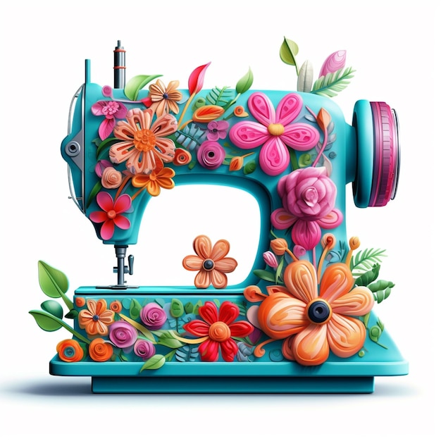 Foto máquina de costura de cores brilhantes com flores e folhas generativas ai