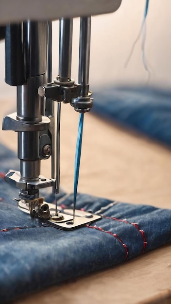 Máquina de costura de perto costura de jeans de denim azul