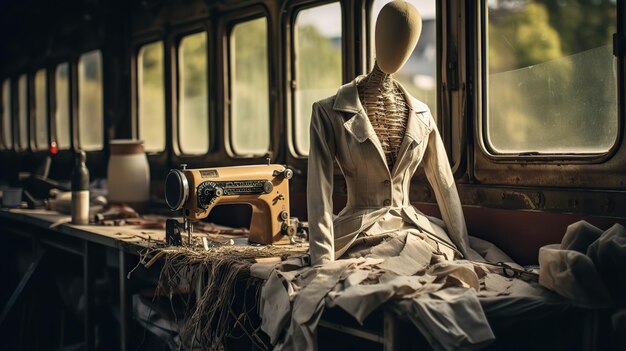 Foto máquina de costura e um manequim num comboio antigo