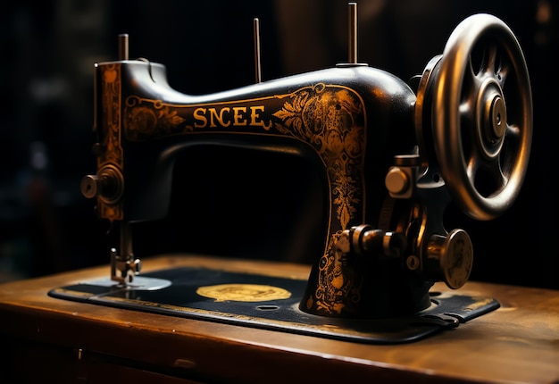 Máquina de costura manual retro antiga preta e dourada com padrão de natureza morta