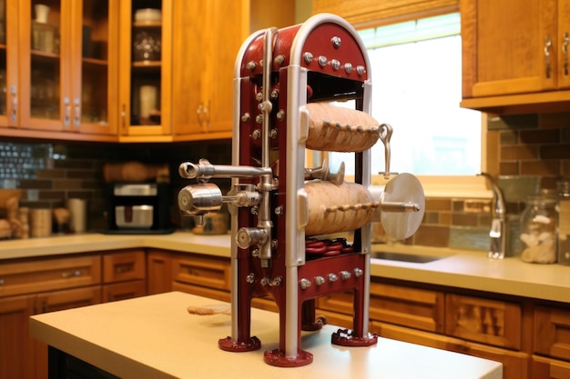 Foto máquina de enchimento de salsichas vintage em ação criada com ia generativa