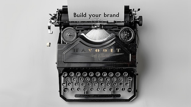 Máquina de escrever antiga com as palavras " Construa sua marca em preto sobre fundo branco "