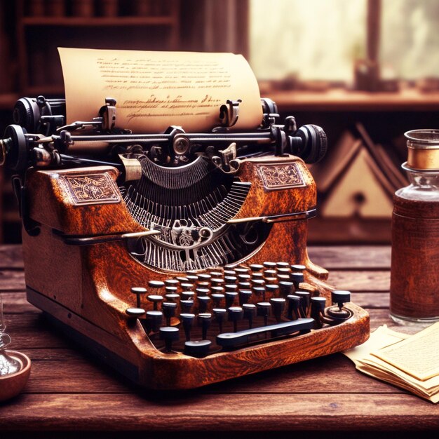 Foto máquina de escrever antiquada em mesa de madeira rústica desencadeia nostalgia e criatividade geradas por a