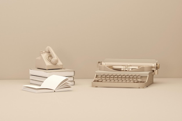 Máquina de escrever com notebook em fundo begeAcessório de quarto em fundo creme monocromático